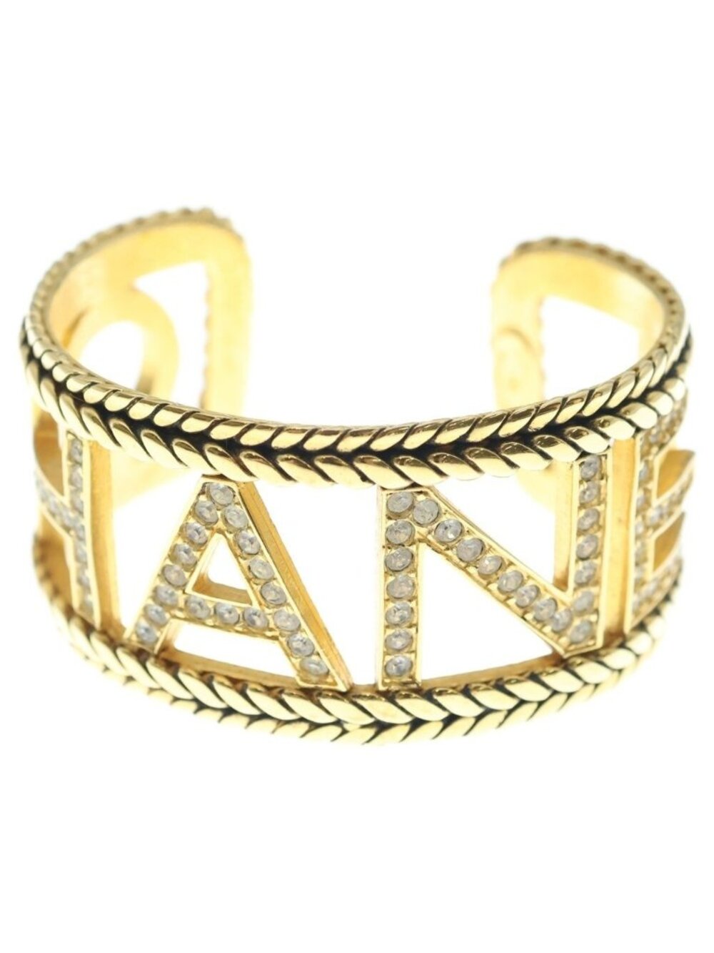 Chanel Logo Rhinestone Bangle Bracelet Gold